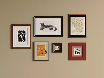 Photo Wall with Multiple Frames and Various Patterns on Beige Wall Interior 3d model
