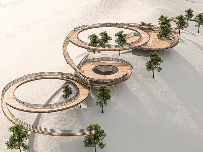 Modern Spiral Wooden Walkway Design With Trees And Open Outdoor Space 3d model