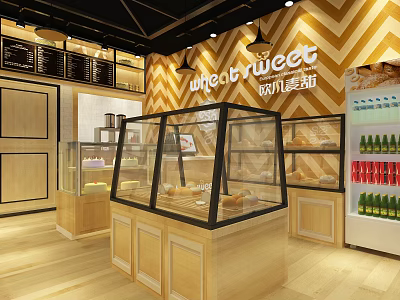 Sweet Dessert Shop With Glass Display Cases Wooden Counters Chevron Wall Pendant Lights And Pastries 3d model