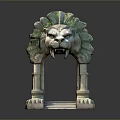 Decorative Lion Head Stone Arch Sculpture With Green Accents And Steps In Landscape