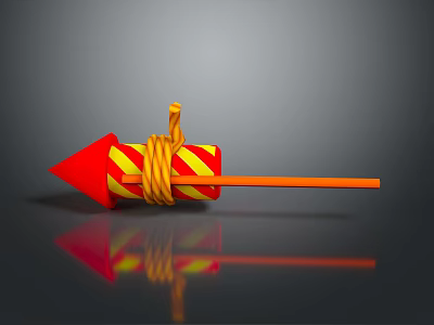 Red Arrow Object With Yellow Red Stripes Twisted Rope And Orange Stick With Reflection 3d model