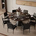 Elegant Modern Round Dining Table Set With Black Chairs Vase Tableware And Chinese Wall Decor 3d model