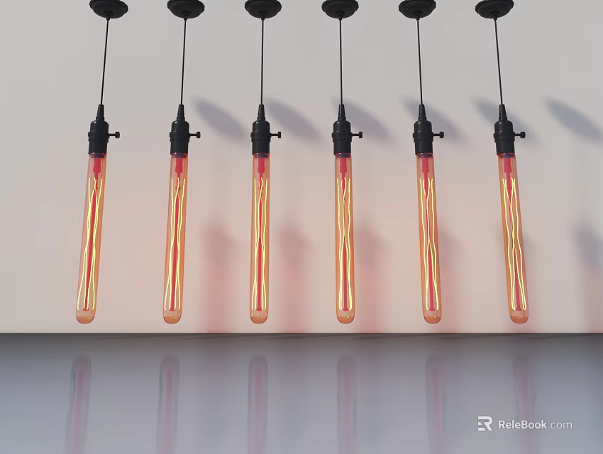 Slender Tube Pendant Lights With Black Base Emitting Orange Red Light And Reflection Below 3d model 