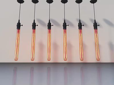 Slender Tube Pendant Lights With Black Base Emitting Orange Red Light And Reflection Below 3d model