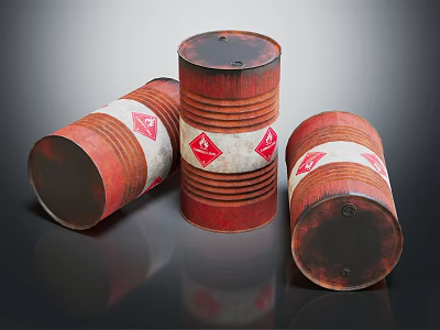 Three Red Industrial Equipment Drums With Warning Symbols On Reflective Surface 3d model
