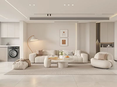 Modern Living Dining Room Interior With White Sofa Round Armchair Coffee Table And Decorative Paintings 3d model