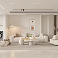 Modern Living Dining Room Interior With White Sofa Round Armchair Coffee Table And Decorative Paintings