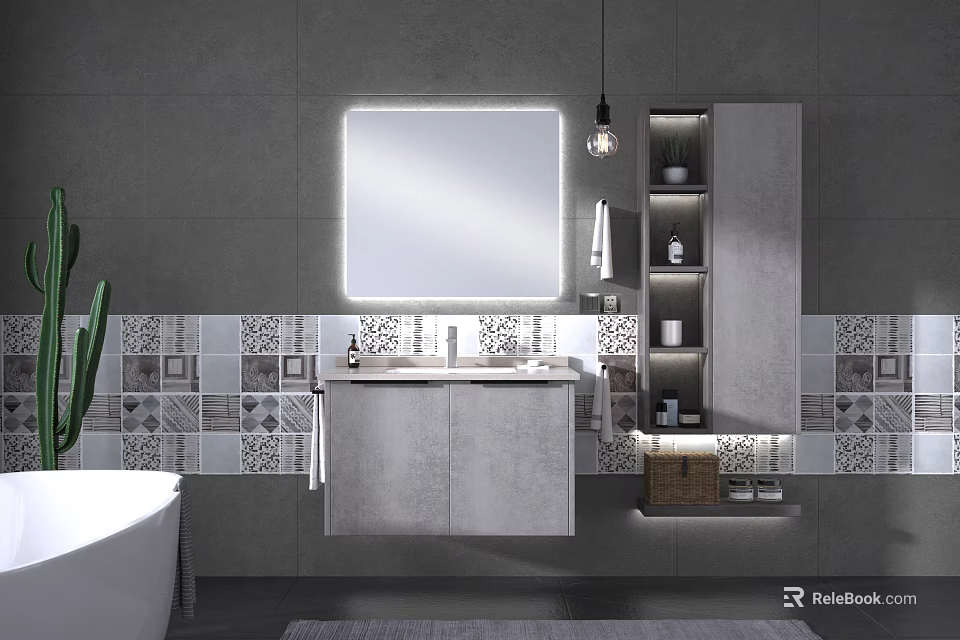 Modern Wall Mounted Bathroom Vanity With Backlit Mirror Tiled Gray Wall And Storage Shelf 3d model 