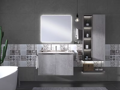 Modern Wall Mounted Bathroom Vanity With Backlit Mirror Tiled Gray Wall And Storage Shelf 3d model