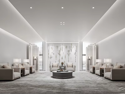 Modern Hotel Public Lounge Area With Beige Sofas Round Coffee Table And Decorative Wall 3d model