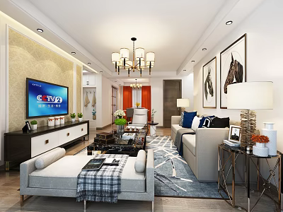 Modern Living and Dining Room Interior Design With TV Chandelier Sofa And Decorative Paintings 3d model