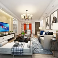 Modern Living and Dining Room Interior Design With TV Chandelier Sofa And Decorative Paintings