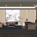Modern Office Interior Design With Sofa Desk Computer Landscape Painting And Wooden Walls