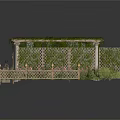Garden Pergola Structure With Green Vegetation Roof And Flower Decorated Railing