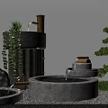 Karesansui Dry Landscape Garden Design With Stone Basin Bamboo Moss And Raked Gravel