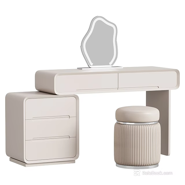 Modern Minimalist Dressing Table With Unique Shaped Mirror Drawer Cabinet And Padded Stool 3d model 