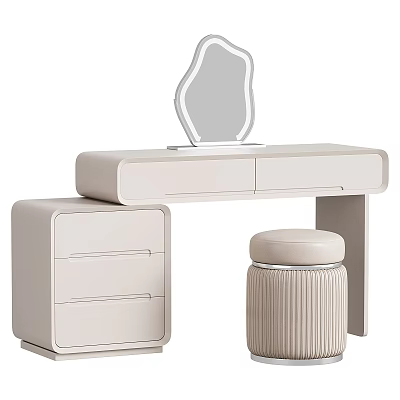 Modern Minimalist Dressing Table With Unique Shaped Mirror Drawer Cabinet And Padded Stool 3d model