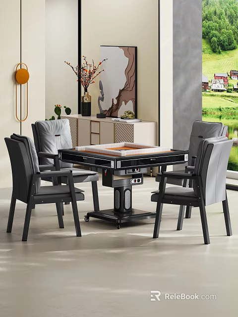 Modern Living Room With Leather Chairs Around Table Cabinet And Decorative Artwork 3d model 