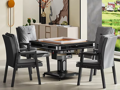 Modern Living Room With Leather Chairs Around Table Cabinet And Decorative Artwork 3d model
