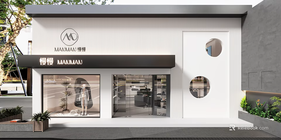 Modern Clothing Store Exterior With White Building Glass Window Display Mannequin And Round Window 3d model 