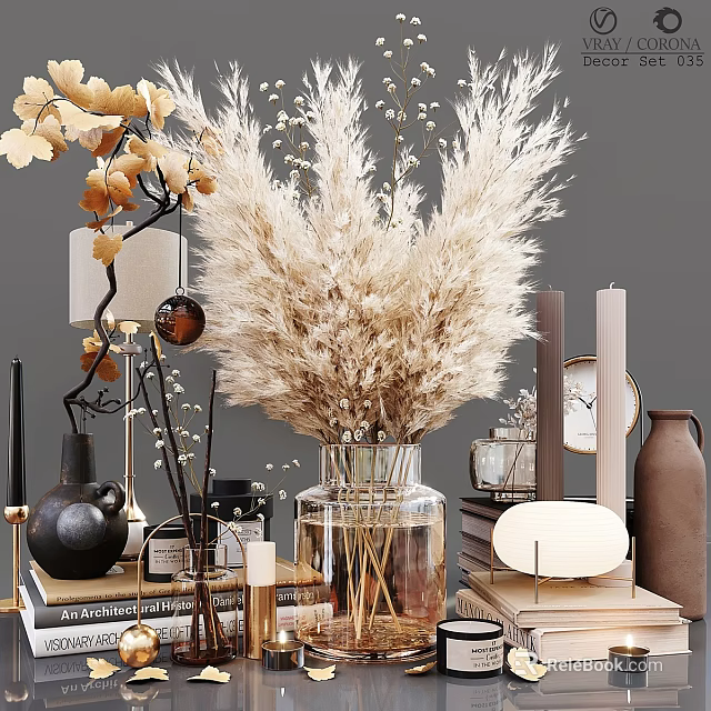 Elegant Decorative Ornament Set With Dried Pampas Grass Glass Vase Table Lamp Candles And Books 3d model 