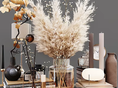 Elegant Decorative Ornament Set With Dried Pampas Grass Glass Vase Table Lamp Candles And Books 3d model