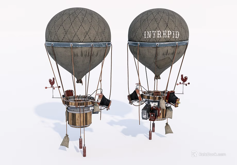 Two Vintage Hot Air Balloons With Intrepid Lettering Classic Design And Baskets 3d model 