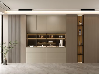 Modern Light Wooden Sideboard With Open Storage Shelves And Drawers In Dining Area 3d model