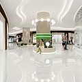 Modern Shopping Mall Atrium With Circular Ceiling Light Polka Dot Pillars And Escalators 3d model