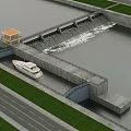 Concrete Bridge Connecting Dam Structure With White Boat Passing Underneath Green Grass And Road