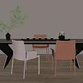 Modern Tea Table and Chairs with Wooden Top Leather Seats and Green Plant Decor