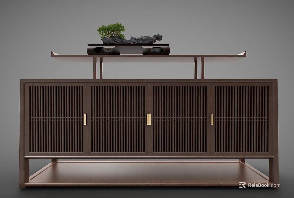 Modern Decorative Cabinet With Slatted Doors Gold Handles And Top Small Potted Plant Black Stone Ornament 3d model 