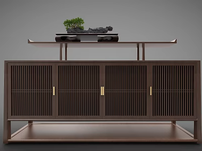 Modern Decorative Cabinet With Slatted Doors Gold Handles And Top Small Potted Plant Black Stone Ornament 3d model