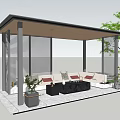 Modern Pergola With Flat Roof Slatted Sides Sofa Seating Coffee Table And Plants