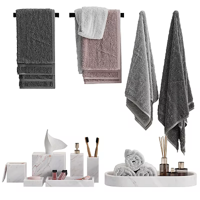 Bathroom Essentials Including Towels And Toiletries 3d model