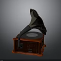 Vintage Phonograph Electronic Appliance With Red Base Black Horn And Vinyl Record