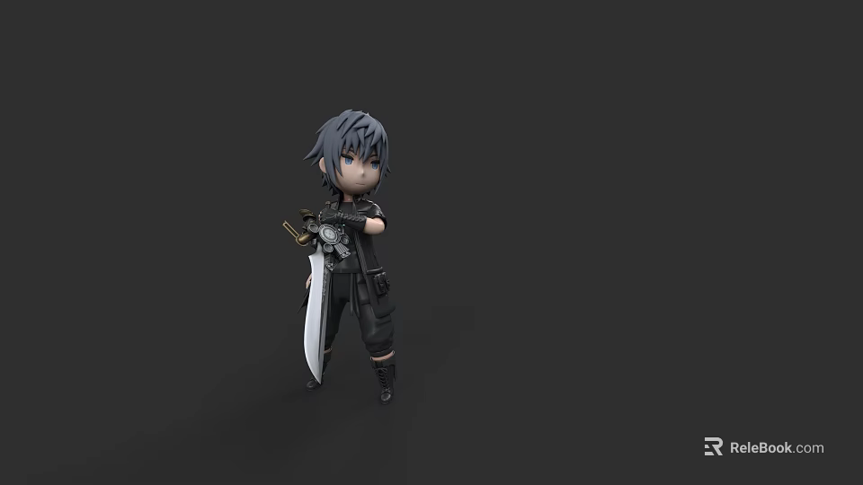 Cartoon Style Game Movie Character With Gray Hair And Black Outfit Holding Sword 3d model 