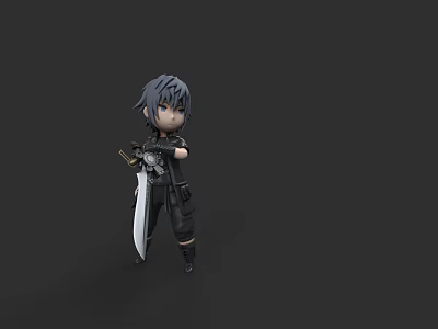 Cartoon Style Game Movie Character With Gray Hair And Black Outfit Holding Sword 3d model