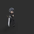 Cartoon Style Game Movie Character With Gray Hair And Black Outfit Holding Sword