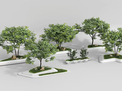 Modern Tree Planters With Green Trees Lush Grass And Creative Designs For Outdoor Landscape Decoration 3d model