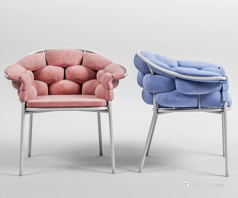 Modern Pink And Blue Leisure Chair With Puffy Velvet Cushion And Metal Legs 3d model 