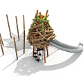 Outdoor Playground Structure With Wooden Treehouse Slide Climbing Net Hammock And Poles