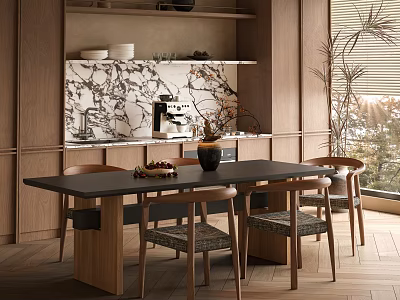 Modern Minimalist Dining Table Set With Wooden Legs Marble Wall And Natural Light Plant 3d model