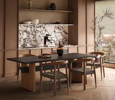 Modern Minimalist Dining Table Set With Wooden Legs Marble Wall And Natural Light Plant 3d model