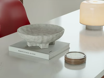 Decorative Ornament Set With Gray Concrete Bowl On Book And Wooden Container On Table 3d model