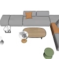 Modern Sofa and Coffee Table Set with Gray Orange Cushions Wooden Top and Metal Legs