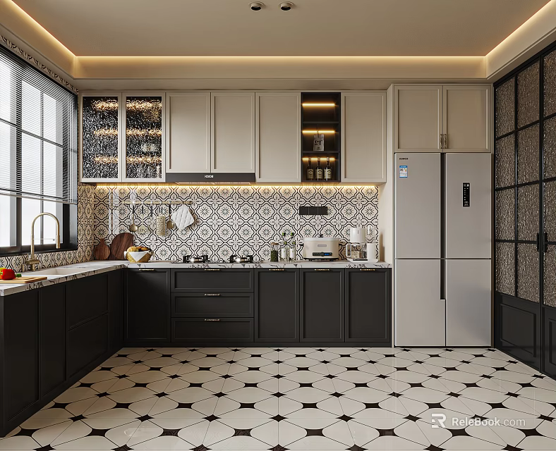 Modern Kitchen Interior With Black White Cabinets Stainless Steel Refrigerator And Patterned Tile Floor 3d model 