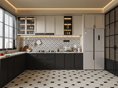 Modern Kitchen Interior With Black White Cabinets Stainless Steel Refrigerator And Patterned Tile Floor 3d model