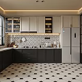 Modern Kitchen Interior With Black White Cabinets Stainless Steel Refrigerator And Patterned Tile Floor