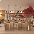 Cozy Japanese Style Restaurant Interior With Red Cherry Blossom Tree And Wooden Decor